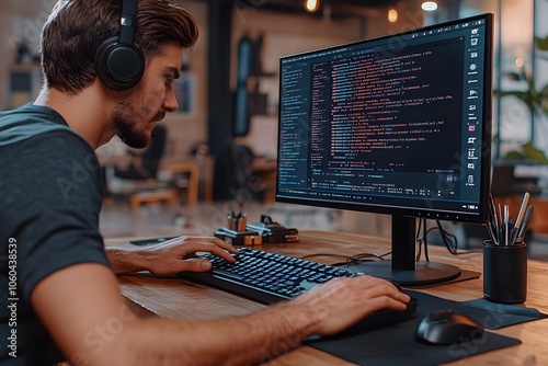 A young man coding on a computer in a modern workspace with headphones.