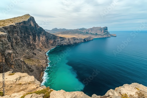 Secret beach - wild coast of Mallorca, Spain, Balearic Islands. Artistic sunrise and dusk landascape.. Beautiful simple AI generated image