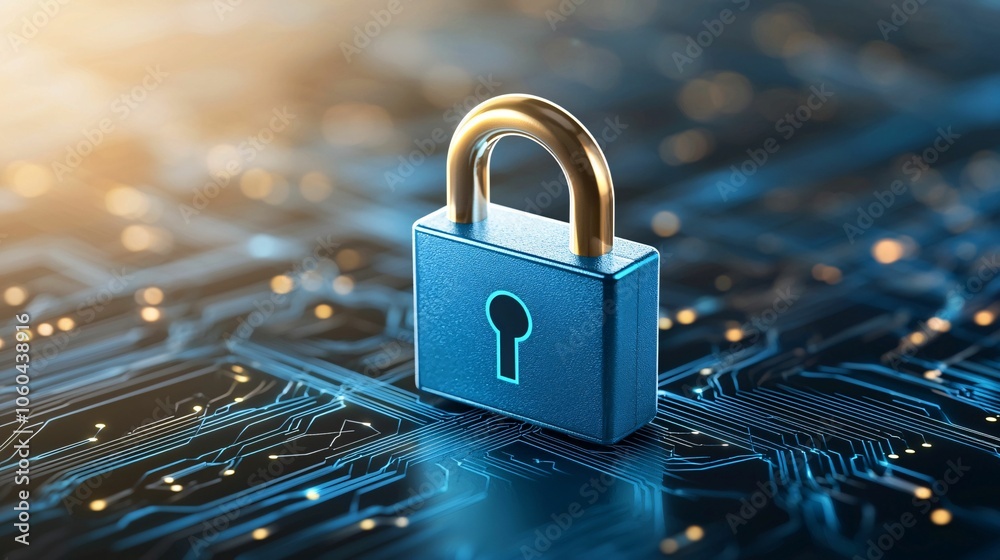A digital lock stands prominently on a circuit board, symbolizing cybersecurity and data protection in a modern technological landscape. A digital lock stands prominently on a circuit board, symbolizing cybersecurity and data protection in a modern technological landscape.