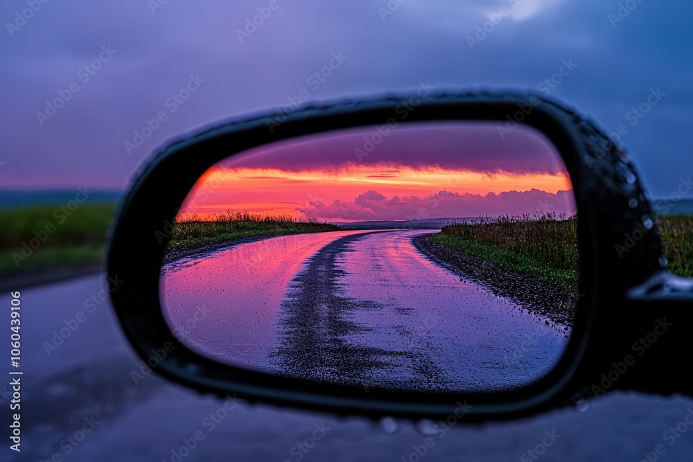 Looking In Rear View Mirror. Reflection of Twilight Sky and Sunset on Two-lane Winding Road. Beautiful simple AI generated image Looking In Rear View Mirror. Reflection of Twilight Sky and Sunset on Two-lane Winding Road. Beautiful simple AI generated image