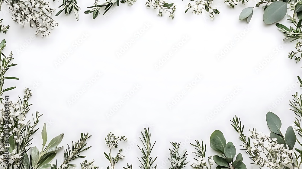 Green Foliage Border on White Background Plain Textured Background for Web Design and Copy Green Foliage Border on White Background Plain Textured Background for Web Design and Copy