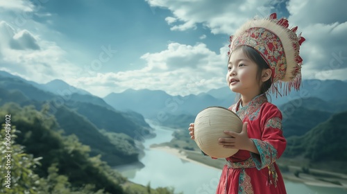 A traditional child dressed in a vibrant ethnic costume is joyfully playing a drum against a breathtaking landscape backdrop photo