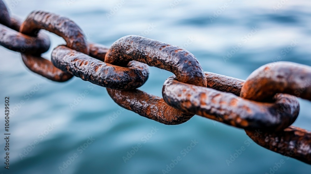Rusty Chain Closeup Against Water Background Rusty Chain Closeup Against Water Background