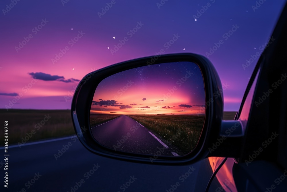 Obraz premium A rocky mountain peak in the side-view mirror of a car; the view behind a vehicle in a mountainous area, covered in snow.. Beautiful simple AI generated image