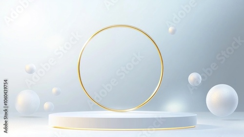 White podium with a golden circular frame and a glowing light background