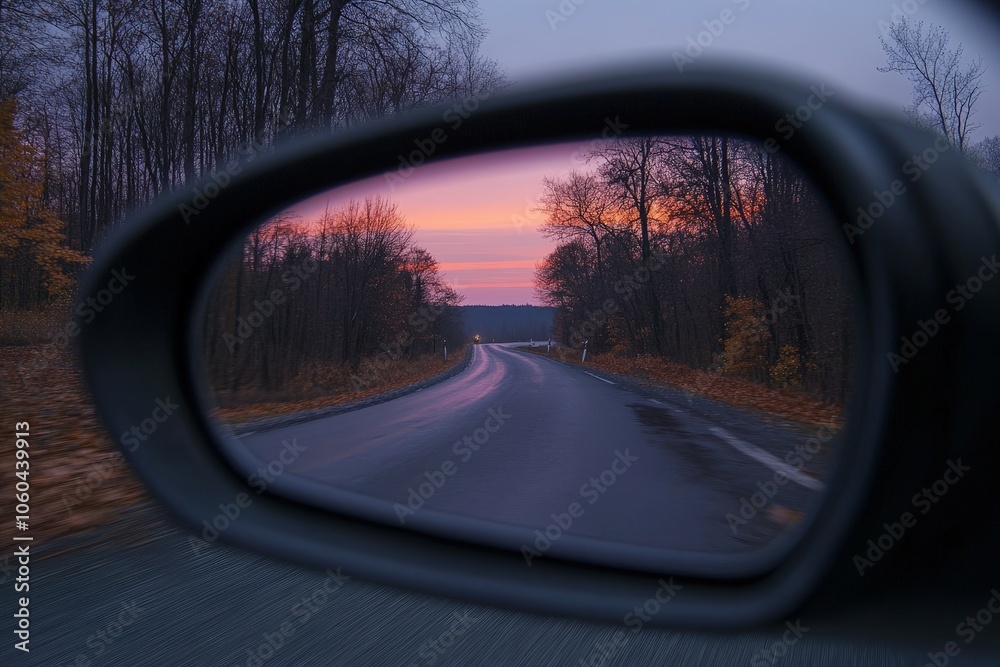 A rocky mountain peak in the side-view mirror of a car; the view behind a vehicle in a mountainous area, covered in snow.. Beautiful simple AI generated image