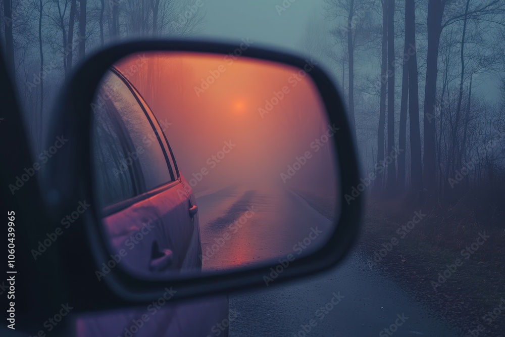 Looking In Rear View Mirror. Reflection of Twilight Sky and Sunset on Two-lane Winding Road. Beautiful simple AI generated image Looking In Rear View Mirror. Reflection of Twilight Sky and Sunset on Two-lane Winding Road. Beautiful simple AI generated image