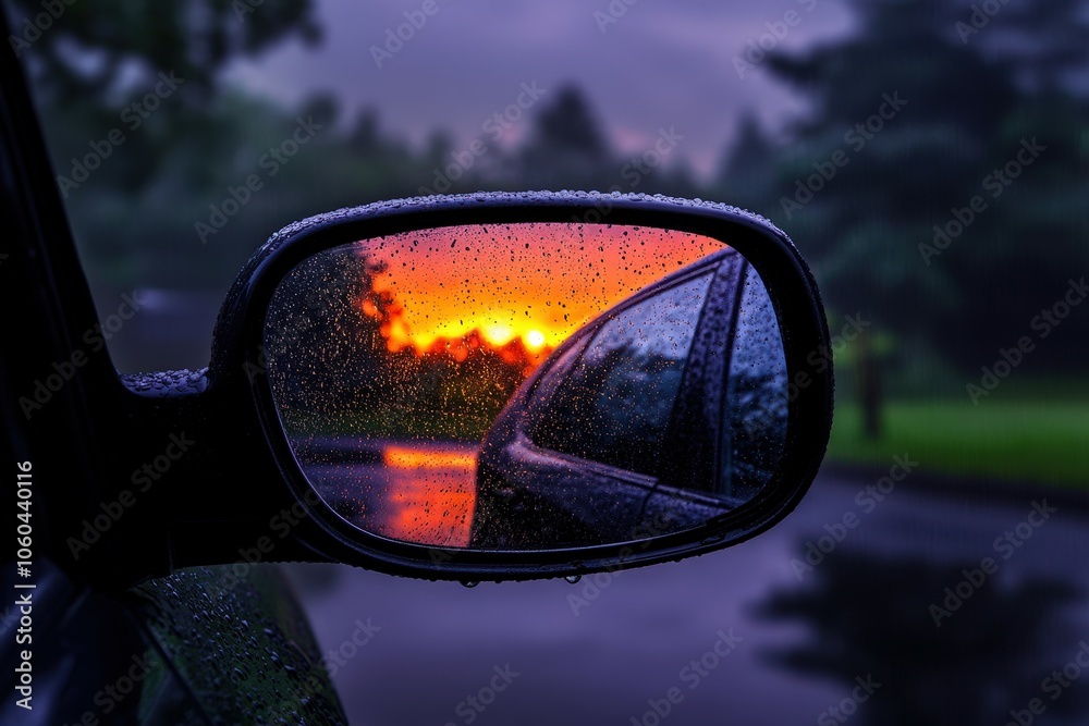 A rocky mountain peak in the side-view mirror of a car; the view behind a vehicle in a mountainous area, covered in snow.. Beautiful simple AI generated image