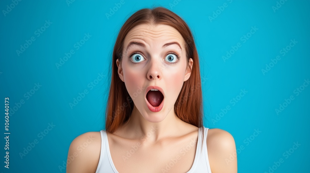 A Surprised Young Woman Expressing Her Shock Against a Bright Blue Background, Capturing the Essence of Her Emotion and Reaction A Surprised Young Woman Expressing Her Shock Against a Bright Blue Background, Capturing the Essence of Her Emotion and Reaction