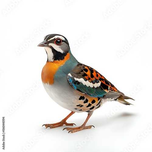 A vibrant and colorful bird stands on a clean white background, showcasing its beautiful feathers and intricate patterns. Perfect for wildlife themes. photo