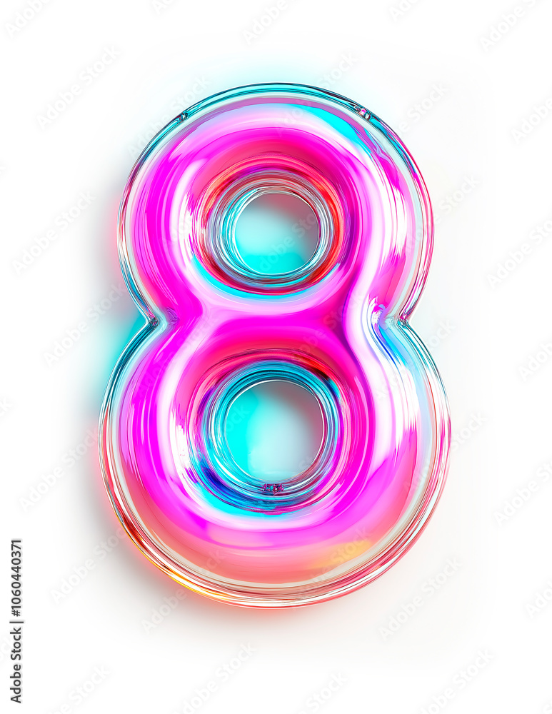 White background with 3D number 8 in holographic pink color with rainbow gradient White background with 3D number 8 in holographic pink color with rainbow gradient
