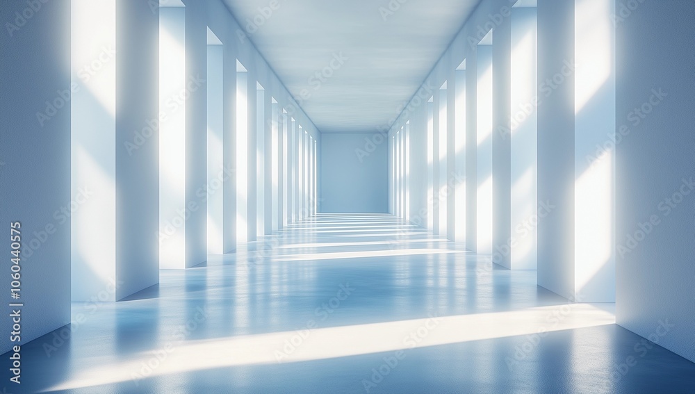 Abstract Futuristic White Room Featuring a Corridor and Light Beams, Representing an Innovative Technology Concept Abstract Futuristic White Room Featuring a Corridor and Light Beams, Representing an Innovative Technology Concept