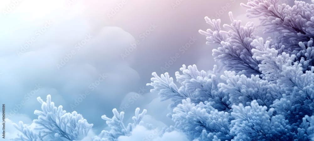 A serene winter scene featuring delicate frost-covered branches in soft hues of blue and pink, creating a tranquil and cool atmosphere. A serene winter scene featuring delicate frost-covered branches in soft hues of blue and pink, creating a tranquil and cool atmosphere.