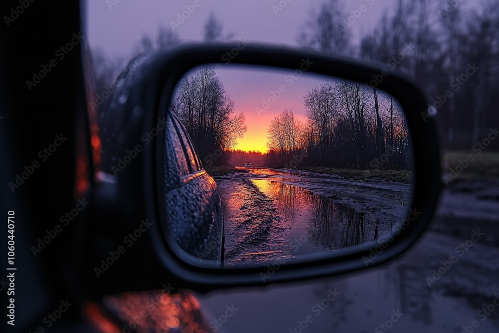 A rocky mountain peak in the side-view mirror of a car; the view behind a vehicle in a mountainous area, covered in snow.. Beautiful simple AI generated image A rocky mountain peak in the side-view mirror of a car; the view behind a vehicle in a mountainous area, covered in snow.. Beautiful simple AI generated image