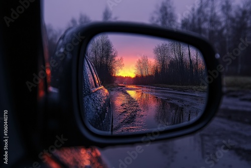 A rocky mountain peak in the side-view mirror of a car; the view behind a vehicle in a mountainous area, covered in snow.. Beautiful simple AI generated image