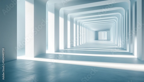 Abstract Futuristic White Room Featuring a Corridor and Light Beams, Representing an Innovative Technology Concept