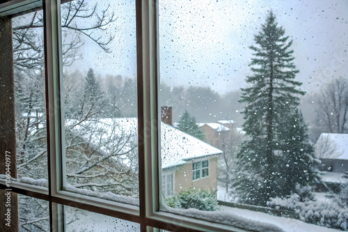 Heavy snowfall outside on a cloudy day.