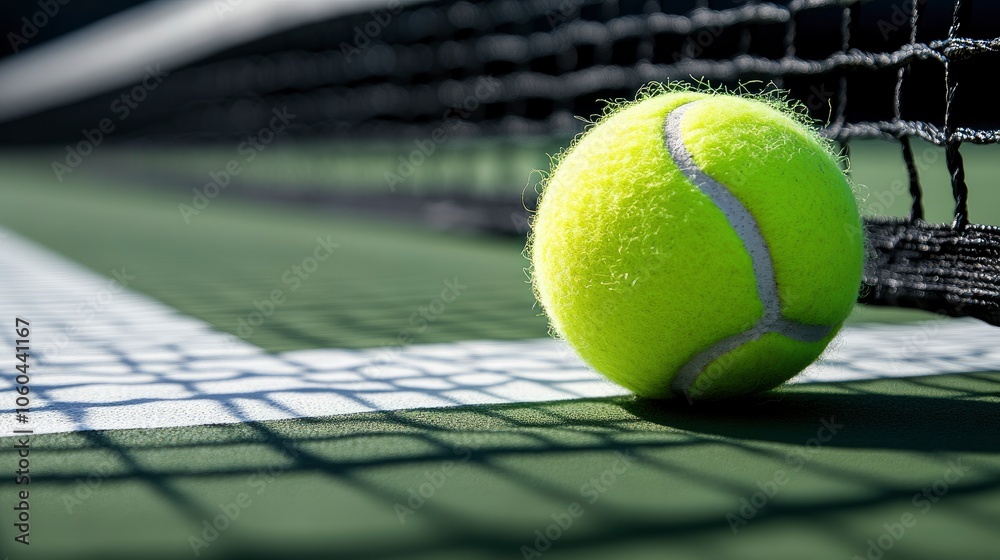 Tennis Ball on Court with Net in Background Tennis Ball on Court with Net in Background