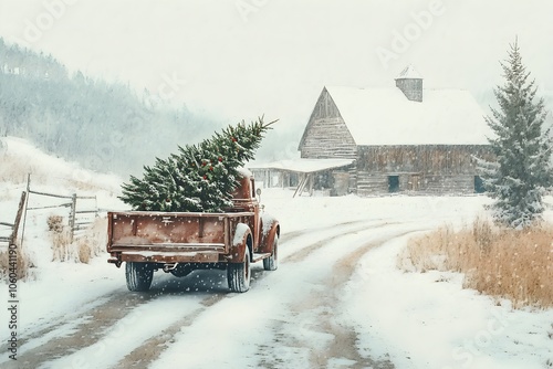 Snowy Antique Truck with Christmas Tree in Winter Scene