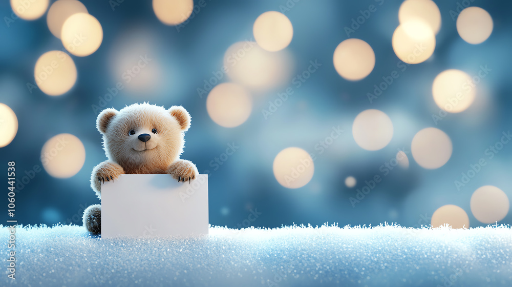 Fototapeta premium Tiny bear cub with white board, snowy setting, 3D illustration