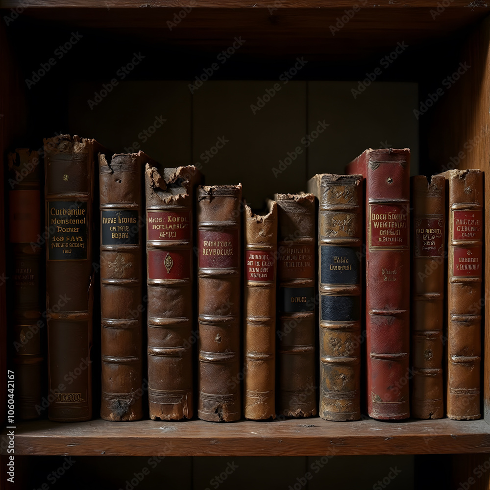 Naklejka premium Antique leather-bound books on wooden shelf in vintage library setting