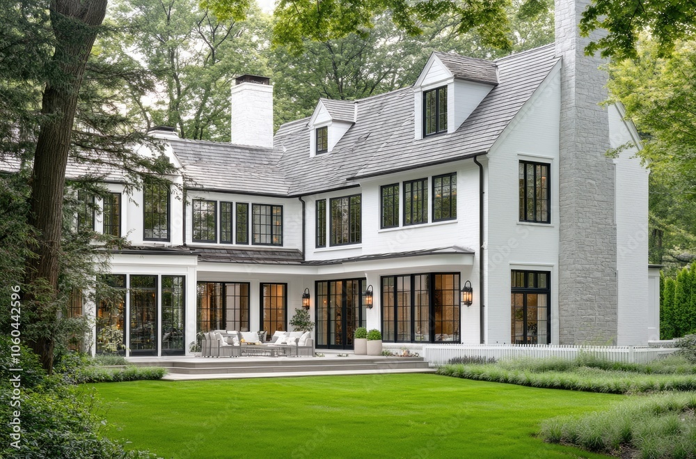 A large, white modern two-story farmhouse with a black roof and dark grey accents A large, white modern two-story farmhouse with a black roof and dark grey accents