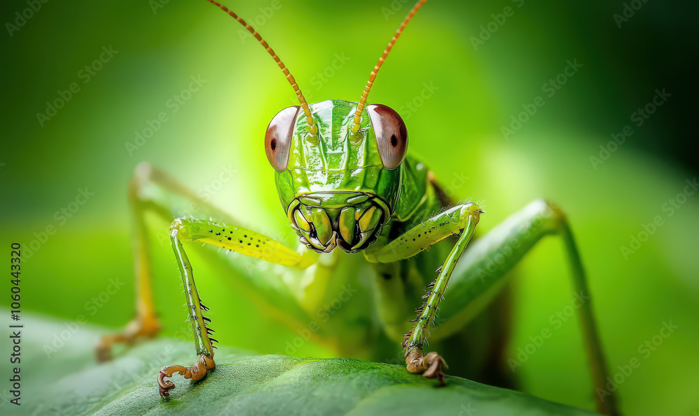 Close up macro photo of green grasshopper with red eyes Close up macro photo of green grasshopper with red eyes