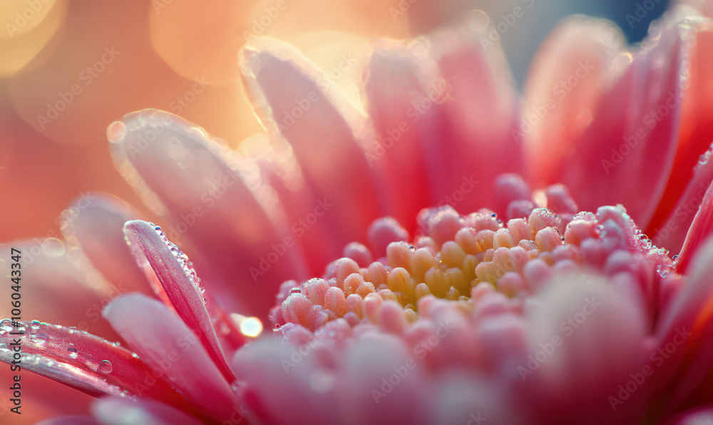 Close up macro shot of pink flower with soft, warm glow