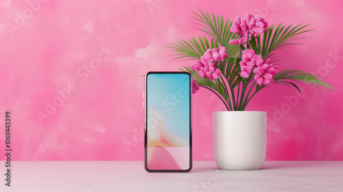 A modern smartphone displayed next to a vibrant plant in a pink-themed setting, creating a fresh and stylish aesthetic.