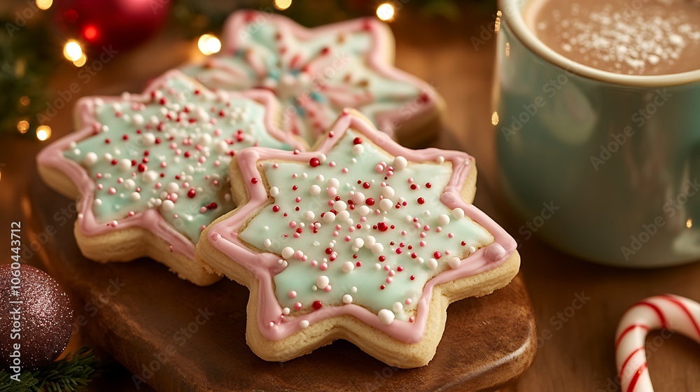 A cozy close-up of sugar cookies decorated with pastel frosting, candy cane borders, and sprinkled with holiday-themed colors, set beside a mug of hot cocoa. Warm lighting, soft focus on background, A cozy close-up of sugar cookies decorated with pastel frosting, candy cane borders, and sprinkled with holiday-themed colors, set beside a mug of hot cocoa. Warm lighting, soft focus on background,