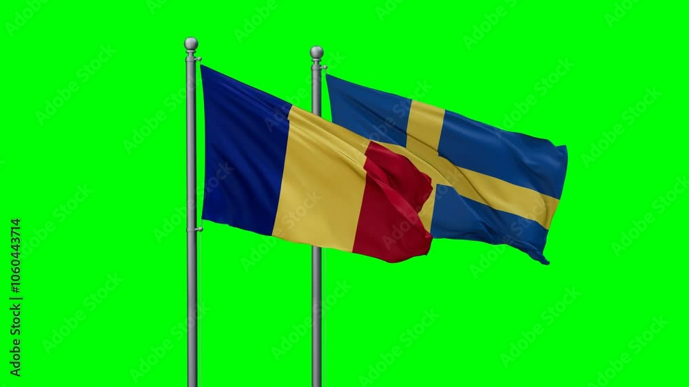 Sweden and Romania flags flying together, video concept of the relationship with colored chroma key for easy background remove, two country cooperation concept Sweden and Romania flags flying together, video concept of the relationship with colored chroma key for easy background remove, two country cooperation concept