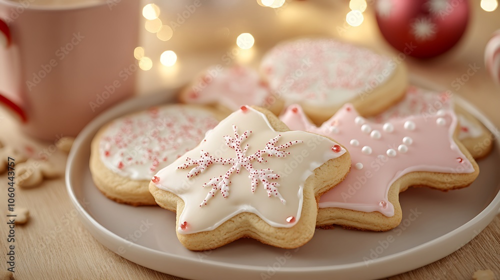A cozy close-up of sugar cookies decorated with pastel frosting, candy cane borders, and sprinkled with holiday-themed colors, set beside a mug of hot cocoa. Warm lighting, soft focus on background, A cozy close-up of sugar cookies decorated with pastel frosting, candy cane borders, and sprinkled with holiday-themed colors, set beside a mug of hot cocoa. Warm lighting, soft focus on background,