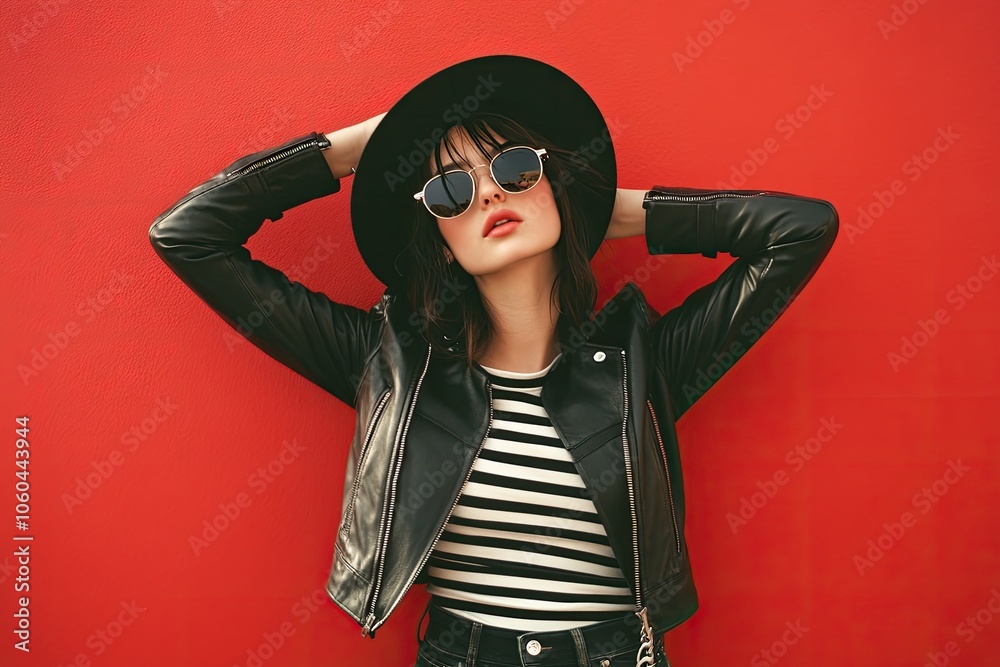 A young woman poses on a red background, wearing a stylish black jacket, a striped t-shirt, and sunglasses A young woman poses on a red background, wearing a stylish black jacket, a striped t-shirt, and sunglasses
