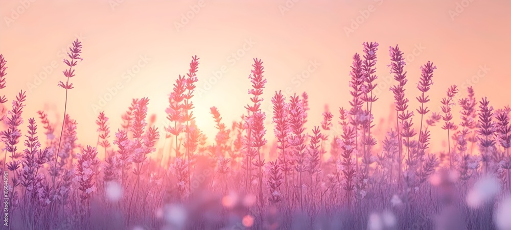 A serene field of lavender flowers bathed in soft pink and purple hues during sunset, creating a tranquil and dreamy atmosphere in the evening light. A serene field of lavender flowers bathed in soft pink and purple hues during sunset, creating a tranquil and dreamy atmosphere in the evening light.