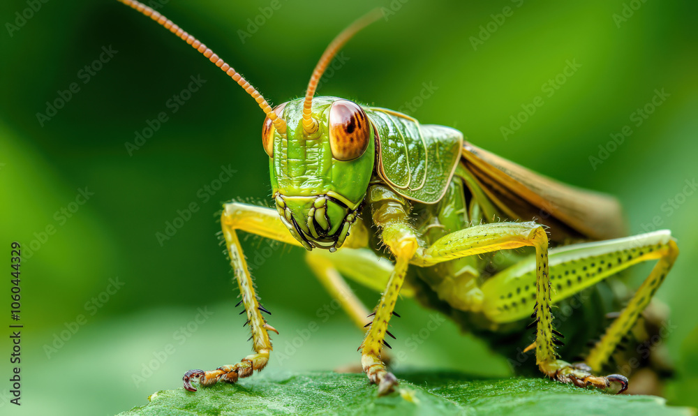 Macro shot of green grasshopper with red eyes, looking directly at camera Macro shot of green grasshopper with red eyes, looking directly at camera