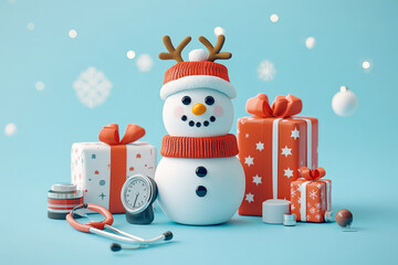 A cute snowman with a red scarf and reindeer antlers surrounded by medical items and holiday gifts on a blue background.