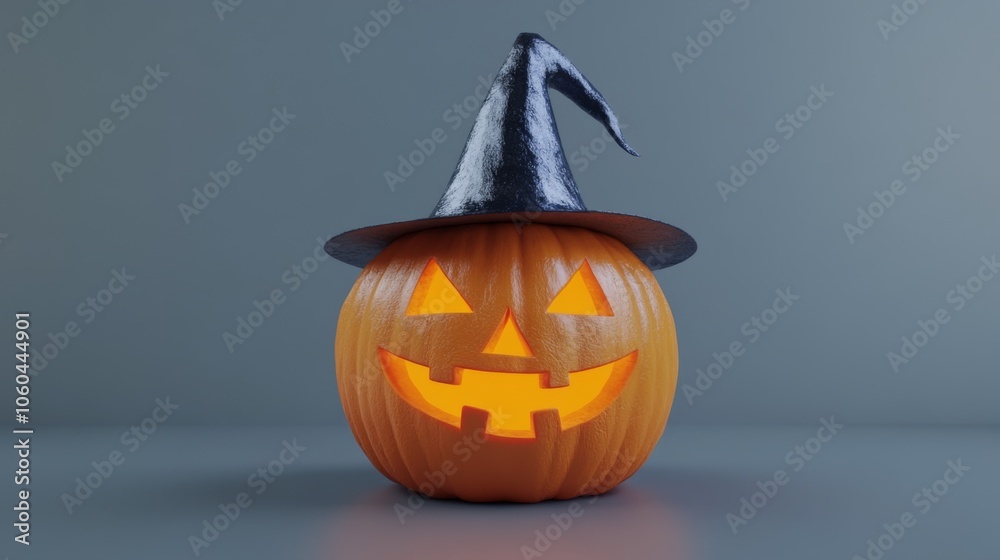 Fototapeta premium A brightly lit jack-o'-lantern wears a glossy black witch hat, casting an enigmatic glow amid a gently blue-tinged background, perfect for adding Halloween charm.