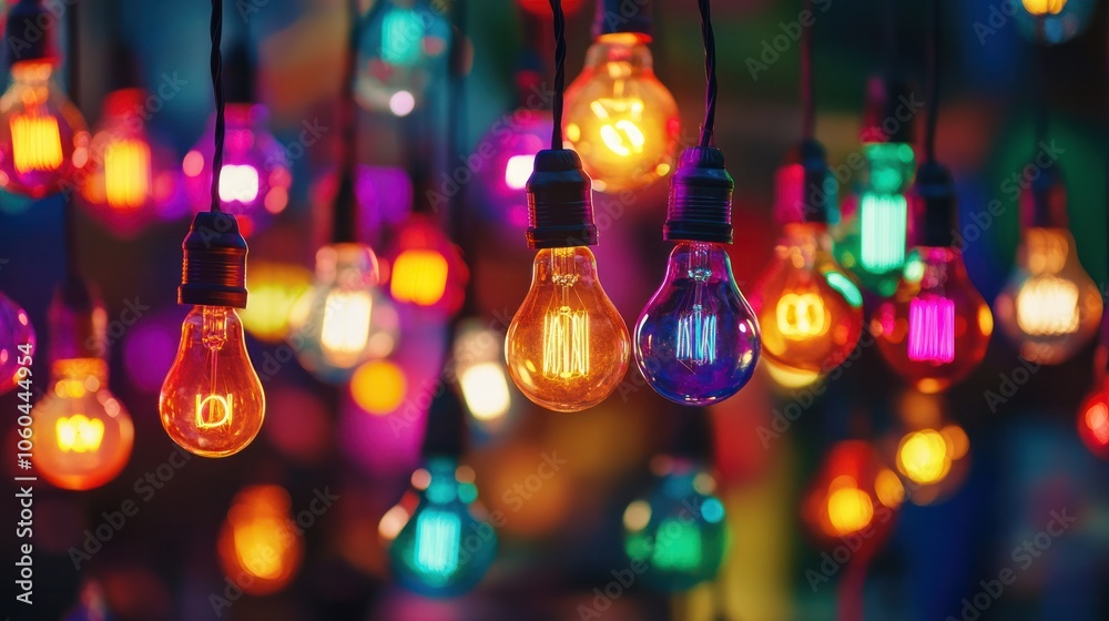 an array of colorful light bulbs hanging from a wire in an artistic arrangement, showcasing various shapes and sizes. an array of colorful light bulbs hanging from a wire in an artistic arrangement, showcasing various shapes and sizes.