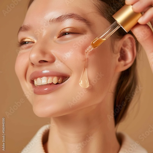 A woman is applying a liquid to her face