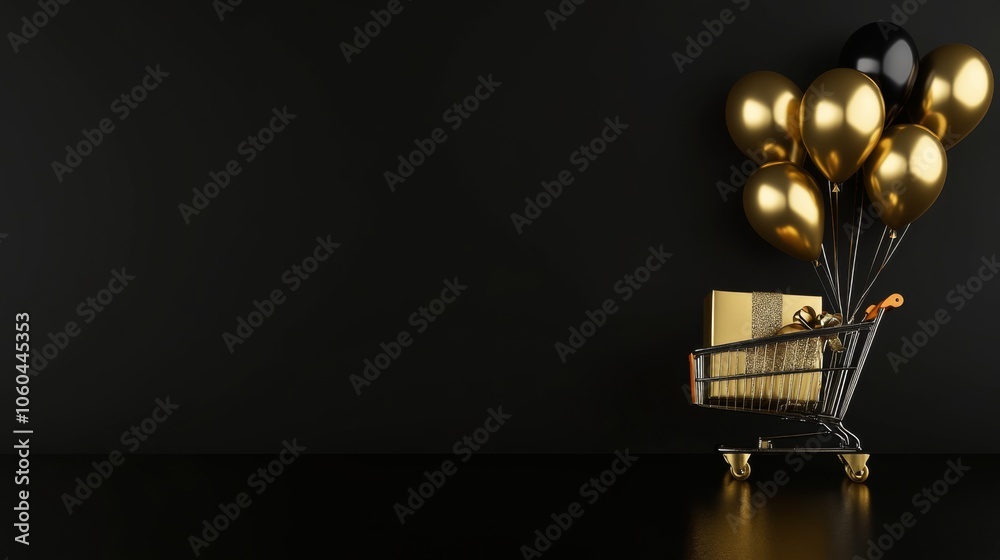 A sleek shopping cart adorned with black and gold balloons accentuates a luxurious Black Friday theme against a minimalist dark background, symbolizing sophistication. A sleek shopping cart adorned with black and gold balloons accentuates a luxurious Black Friday theme against a minimalist dark background, symbolizing sophistication.