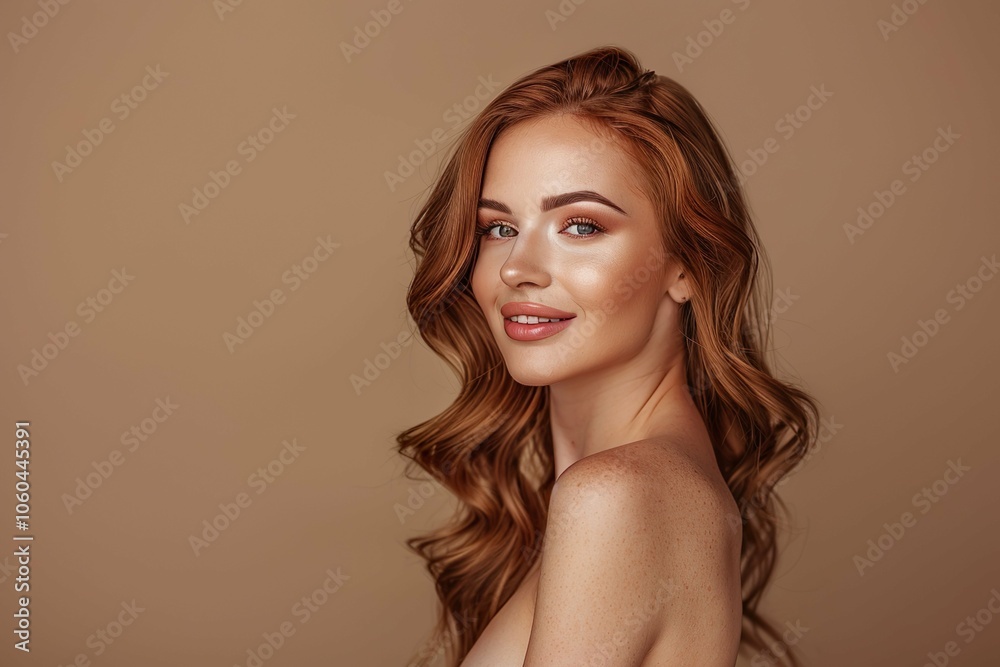 A woman with long red hair is smiling and looking at the camera A woman with long red hair is smiling and looking at the camera