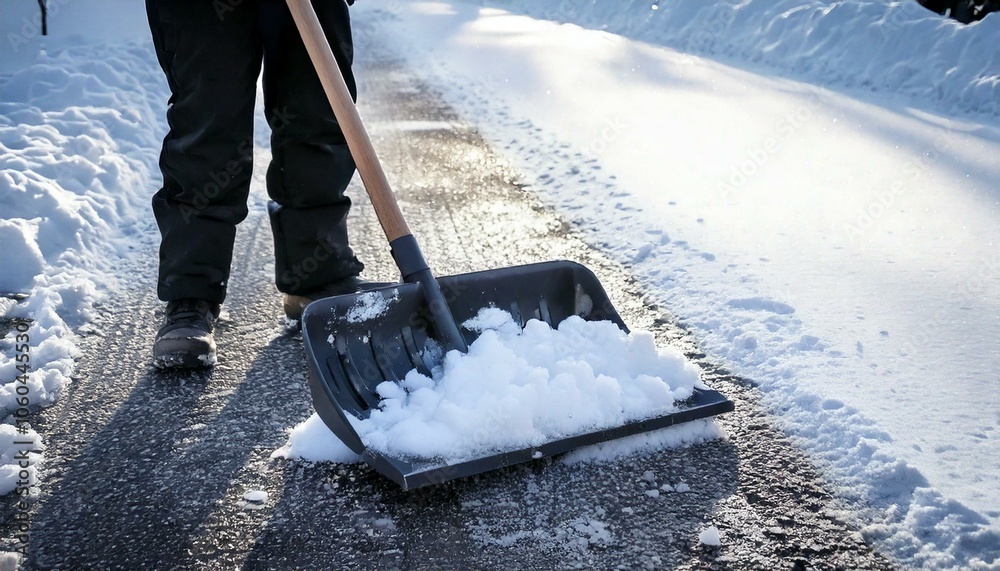 Clearing snow from a sidewalk with a snow shovel