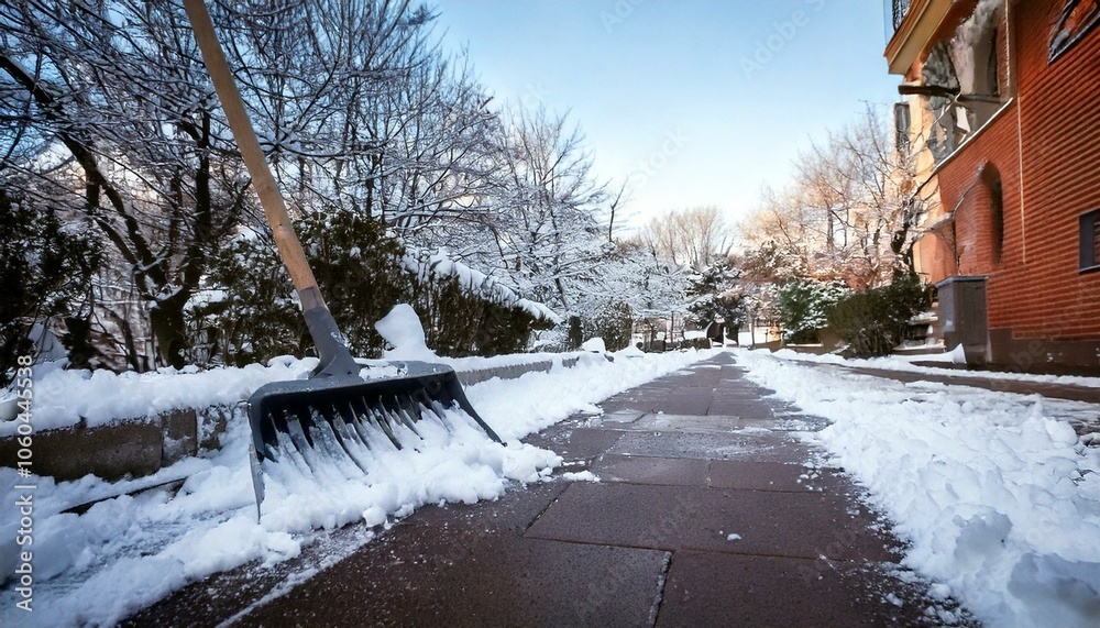 Clearing snow from a sidewalk with a snow shovel