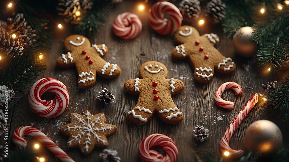 custom made wallpaper toronto digitalA holiday flat lay of gingerbread men, candy canes, and peppermint swirls scattered across a wooden table with twinkling lights above. Warm glow, crisp candy and cookie details, festive atmosphere.