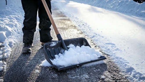Obraz na płótnie Clearing snow from a sidewalk with a snow shovel w salonie