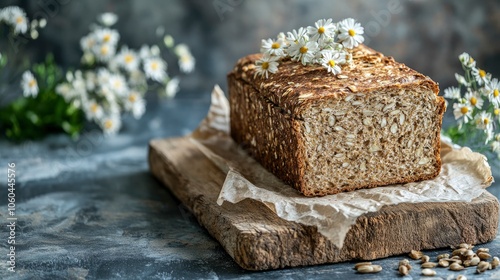 Freshly Baked Whole Grain Bread with Daisies on a Rustic Wooden Board