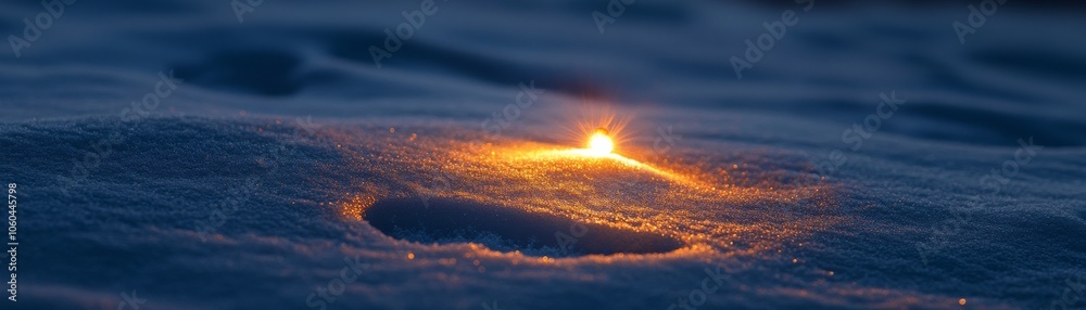A glowing point of light emerges from a dark, snowy landscape, creating a captivating contrast in texture and illumination. A glowing point of light emerges from a dark, snowy landscape, creating a captivating contrast in texture and illumination.