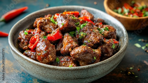 Close-up of Spicy Beef Stir-Fry in a Bowl with Chili Peppers and Parsley