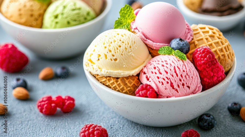 Assortment of Ice Cream Scoops in Bowl with Raspberries and Mint Assortment of Ice Cream Scoops in Bowl with Raspberries and Mint