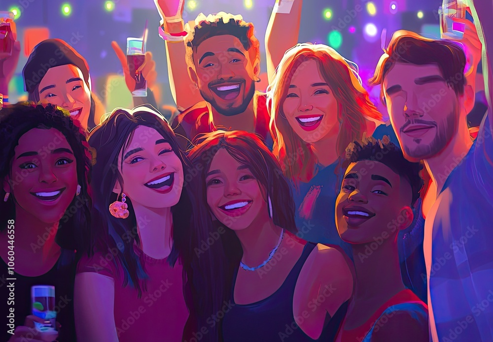 Happy friends taking a selfie at a beer festival, people dancing and drinking in a pub during a celebration party Happy friends taking a selfie at a beer festival, people dancing and drinking in a pub during a celebration party